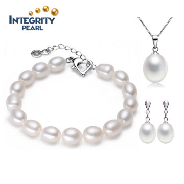 Fashion Jewelry Bracelet and Necklace Pearl Set 7-8mm Drop Natural 925 Silver Clasp Freshwater Pearl Set